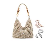 Fashion Woven Hand-Held Tote Bag, 2025 summer new contrast color shoulder bag casual underarm bag, Bohemia Fashion Summer Beach Shoulder Handbag For Women (Beige+white)