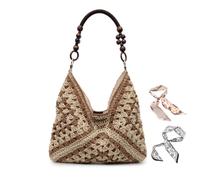Fashion Woven Hand-Held Tote Bag, 2025 summer new contrast color shoulder bag casual underarm bag, Bohemia Fashion Summer Beach Shoulder Handbag For Women (Beige+khaki)