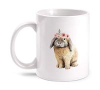 Fashionalarm Taza de conejo con corona de flores - Impresión por ambos lados | Idea de regalo para parejas amantes de los conejos Pascua Regalo Pascua Conejo Rosario Blanco 330 ml
