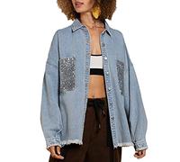 Fashion's Fashion Sequin Jean Jean Jean Chaqueta De Manga Larga Botón Deshilachada,Azul,L