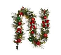 Fashionwu Guirnalda de Navidad de 9 pies con 40 luces LED, guirnaldas de Navidad preiluminadas para puerta delantera, decoración de Navidad con adornos de bola de nudo de lazo, bayas de copo de nieve
