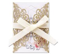 Fashmade- 50 invitaciones de boda cortadas con láser con sobres y cintas con purpurina, tarjetas personalizadas en blanco, invitaciones para quinceañeras, cumpleaños, baby shower, fiesta de Navidad, d