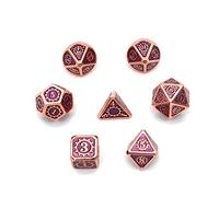 Fasizi Juego de 7 dados poliédricos de metal con bolsa de almacenamiento negra para juegos de rol, mazmorras y dragones, enseñanza de matemáticas D&D (engranaje rojo cobre y morado)