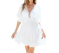 FASLOLSDP Bikin Cover Up Poncho de Playa Túnica Pareos Vacaciones en la Playa | Mujer Ropa de Playa Verano | Vestido de Playa Ligero con Borlas | Traje de Baño Manta para Piscina y Playa, Blanco, L