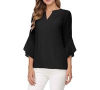 FASLOLSDP Blusa de gasa para mujer, manga de volante, túnica de manga 3/4, elegante túnica de gasa, blusa festiva de gasa, cuello en V, parte superior con mangas de trompeta para una perfecta vida