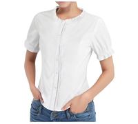 FASLOLSDP Damen Trachtenblusen Karierte Bluse Kurzarm Oktoberfest Hemd mit Knopfverzieren Trachten Bierfest Tradition Bluse mit Rundhalsausschnitt Kurzarm für Oktoberfest Trachtenfest, Blanco, M