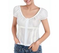 FASLOLSDP Damen Trachtenblusen Karierte Bluse Kurzarm Oktoberfest Hemd mit Knopfverzieren Trachten Bierfest Tradition Bluse mit Rundhalsausschnitt Kurzarm für Oktoberfest Trachtenfest, Blanco3, M