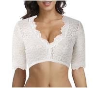 FASLOLSDP Dirndl Top manga corta | Blusa de encaje para mujer | Blusa tirolesa de algodón ropa festiva | tradicional cómoda | traje tradicional bávaro transpirable blusa tirolés media manga, Blanco4
