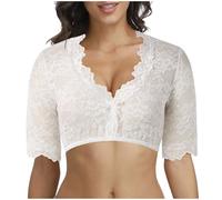 FASLOLSDP Dirndl Top manga corta | Blusa de encaje para mujer | Blusa tirolesa de algodón ropa festiva | tradicional cómoda | traje tradicional bávaro transpirable blusa tirolés media manga, blanco1