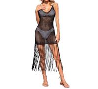FASLOLSDP Túnica de playa Bikin Cover Up Poncho de playa Pareos Vacaciones en la playa | Verano Negro Ropa de Playa Mujer con Borlas | Vestido de Playa Cubierta para Traje de Baño y Piscina, Negro