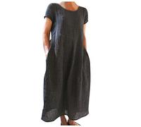 FASLOLSDP Vestido de verano para mujer, algodón de lino, monocolor, manga corta, silueta ancha, holgado, informal, vestido de festival, largo día a día, negro, para vacaciones, ocio y paseo por la