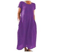 FASLOLSDP Vestido de verano para mujer, algodón de lino, monocolor, manga corta, silueta ancha, holgado, informal, vestido de festival, largo día a día, negro, para vacaciones, ocio y paseo por la