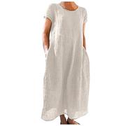 FASLOLSDP Vestido de verano para mujer, algodón de lino, monocolor, manga corta, silueta ancha, holgado, informal, vestido de festival, largo día a día, negro, para vacaciones, ocio y paseo por la