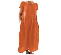 FASLOLSDP Vestido de verano para mujer, algodón de lino, monocolor, manga corta, silueta ancha, holgado, informal, vestido de festival, largo día a día, negro, para vacaciones, ocio y paseo por la