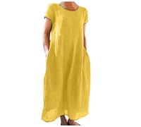 FASLOLSDP Vestido de verano para mujer, algodón de lino, monocolor, manga corta, silueta ancha, holgado, informal, vestido de festival, largo día a día, negro, para vacaciones, ocio y paseo por la