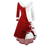 FASLOLSDP Vestido túnica para mujer, Navidad, líneas A, cuello en V, vintage, rojo, vestido de noche con cuello de felpa, diseño de manga larga, vestido de fiesta de Navidad, S-XXL, Blanco, L