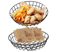 Fast Food Basket 3Pcs/Set 9.84x1.85 inch Retro Style Stainless Steel Reusable Woven Hollow-out Round with 100 Oil-proof Paper Food Service Tray for Hot Dog, Burgers, Sandwiches, French Fries