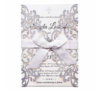 FASTERCY 20 tarjetas de invitación de boda con cinta y sobres, 12,7 x 19,2 cm, corte láser, con purpurina, para bodas, despedidas de soltera, compromiso, cumpleaños (purpurina plateada)