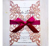 FASTERCY 20 tarjetas de invitación de boda cortadas con láser de 12,7 x 19,2 cm con cinta y sobres para despedida de soltera, compromiso, cumpleaños, graduación (brillo oro rosa)