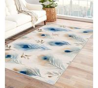 FASTLATE Blooming Design - Alfombra de estilo simple con plumas de pavo real, parte trasera antideslizante, para dormitorio, sala de juegos, dormitorio, lavable a máquina, suave, color blanco, 90 x