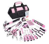 FASTPRO Juego de herramientas rosa, kit de herramientas de reparación del hogar para mujer de 220 piezas con bolsa de herramientas de almacenamiento abierta de boca ancha de 12 pulgadas
