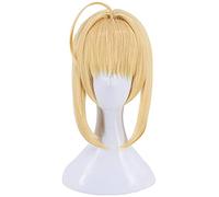Fate/Extra (Nero Claudio) Anime Cosplay Rose Pelucas de red con flequillo 100% Alta temperatura resistente a la fibra de oro Pelo recto corto 14 pulgadas chenghuax