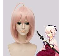 Fate Grand Order Okita Souji 35cm Pelucas de Cosplay cortas y rectas para mujeres Pelo falso Pelo sintético Anime Peluca de dibujos animados Rosa