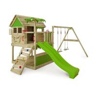 FATMOOSE Parque Infantil de Madera TikaTaka con Columpio y tobogán Manzana Verde, Casa sobre pilares de Exterior con arenero y Escalera para niños