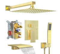 Fatspas Sistema de ducha con boquilla de bañera, juego de grifo de ducha dorado cepillado de 12 pulgadas con mano de lluvia, juego combinado de ducha mezclador montado en la pared, baño con cabezal de