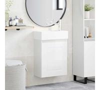 Faucqir Mueble bajo lavabo de baño blanco brillante con lavabo de cerámica, grifo plateado, espacio de almacenamiento, puerta reversible, montaje en pared, tamaño compacto 45,5 x 22,5 x 84 cm