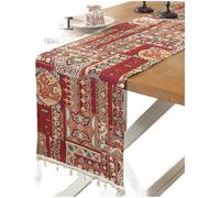 Fauhapyway Mesa bohemia vintage para camino con cuentas de concha y borlas, flecos de encaje jacquard para decoración para el hogar comedor, tela de poliéster texturizada (35 x 160 C)