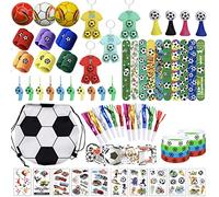 Fauitay Bolsas de fiesta de fútbol, 80/122 piezas, juego de juguetes de fútbol para partidos de fútbol, silbatos, calcomanías, llaveros, pulseras, accesorios de animación para juegos de competición