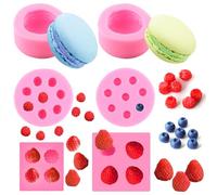 FAURAPMNG 6 Piezas Moldes de Silicona 3D para Fondant de Frutas - Fresa, Macarrón, Mora, Arándano - Flexibles, Antiadherentes - Para Velas, Cera, Bombas de Baño, Fondant, Gelatina