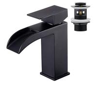 Faustina Grifo de Baño para Lavabo rectangular cascada y Click-Clack Válvula Desagüe con Rebosadero, Grifo para Baño Mezcla dor Monomando Cuadrado con Vaciador Acero Inoxidable, Negro Mate