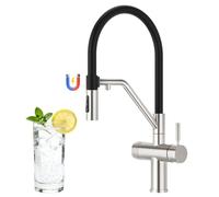 Faustina Grifo de cocina extraíble de 4 vías, doble palanca, grifo de cocina con agua potable y agua soda, grifo de acero inoxidable con manguera blanda de silicona negra flexible