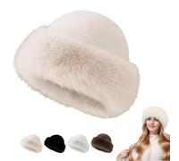 Faux Fur Bucket Hat, 2026 New Fluffy Furry Warm Hat, Soft Plush Fisherman Cap for Girls Women (Beige)