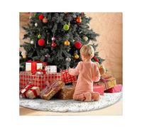 Faux Fur Christmas Tree Skirt 90cm ,White&Gold with Sequin Snowflakes Vine Branch Tree Mat Base Cover for Xmas Holiday Party Home