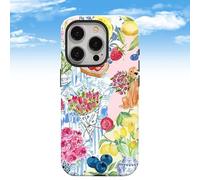 Faux Leather Texture Feel Pink with Exquisite Flowers, Strawberry, and Puppy Pattern Phone Case, Soft TPU Slim Shockproof Cover for Girls Women and Men for iPhone 17/16/15/14/13 (White,For 14pro)