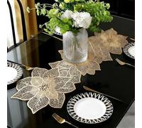 Fave - Camino de mesa (90 cm, impermeable, resistente al agua, con forma de flor, lavable, para bodas, banquetes, cumpleaños, fiestas, restaurantes (modelo de flor dorada)