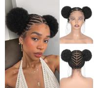 FAVE Peluca de encaje completo, con cola de caballo rizada y afro puff, peluca trenzada sintética, color negro natural