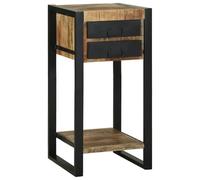 Favemtsl Mesa auxiliar de madera maciza de mango y acero, marrón, 40 x 40 x | Mesita de noche compacta con 2 cajones y estante para sala de estar y dormitorio, diseño industrial robusto de madera.