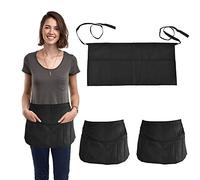 Favengo 3 Pcs Mandil Corto Negro Delantal De Cintura Mandil Negro para Hombre y Mujer con Cuerda de 80 cm y 3 Bosillos Delantales para Camarero Chef Hosteleria Cocina Restaurante