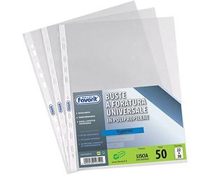 Favorit 100460120 - Fundas perforadas universales, formato interior 22 x 30 cm, acabado liso, paquete de 50 unidades, ideales para hojas A4, portadocumentos, para escuela, oficina, casa, transparentes