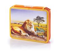 Favorit Estuche grande con 2 cremalleras Leone Della Savana para la escuela, relleno con 18 lápices y 12 rotuladores, 20 cm x 13 cm x 7,5 cm, con 2 compartimentos