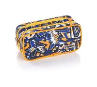Favorit Estuche para lápices Escolar Grande con 2 Compartimentos, Estampado geométrico Azul y Amarillo, 22 x 10 x 10 cm, con 2 Cremalleras