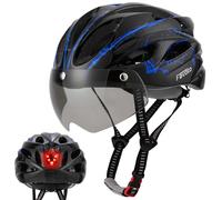 Favoto Casco de Ciclismo para Adulto con Gafas luz Trasera Forro Desmontable tecnología de Moldeado EPS Transpirable y Ligero Ajustable de 57 a 61cm Negro+Azul