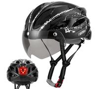 Favoto Casco de Ciclismo para Adulto con Gafas, luz Trasera, Forro Desmontable, tecnología de Moldeado EPS, Transpirable y Ligero, Ajustable de 57 a 61cm Negro+Blanco