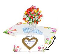 Favour Pop Up® - Novedad: tarjeta desplegable con diseño de tarjeta para colocar un adhesivo rasca en forma de corazón. Gran sorpresa con un colorido ramo de tulipanes. SCTF091