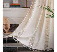 FAWFCJD Boho Semi-Opacas Ventanas Cortinas De Ganchillo Lino con Textura Borla Cortinas De Ventana Paneles Cortinas De Encaje Patchwork Ganchillo Granja Cortina con Bolsillo(Size:WxH:150x220cm)