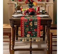 FAWFCJD Camino De Mesa Navideño con Borlas, Mantel Largo Lino Jacquard Verde, Invierno Retro, Bufanda For Tocador, Individual, Alfombra Gruesa For Decoración Navideña del Hogar(Green,35 * 180cm)